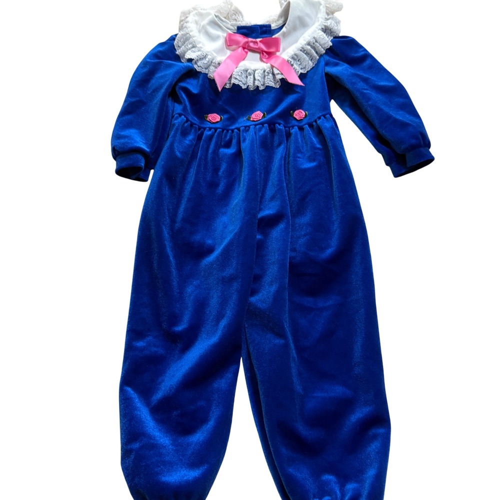 Evy Vintage 70s Royal Blue Velvet Jumpsuit‎ Romper Pink Bow Roses Size 4T Girls